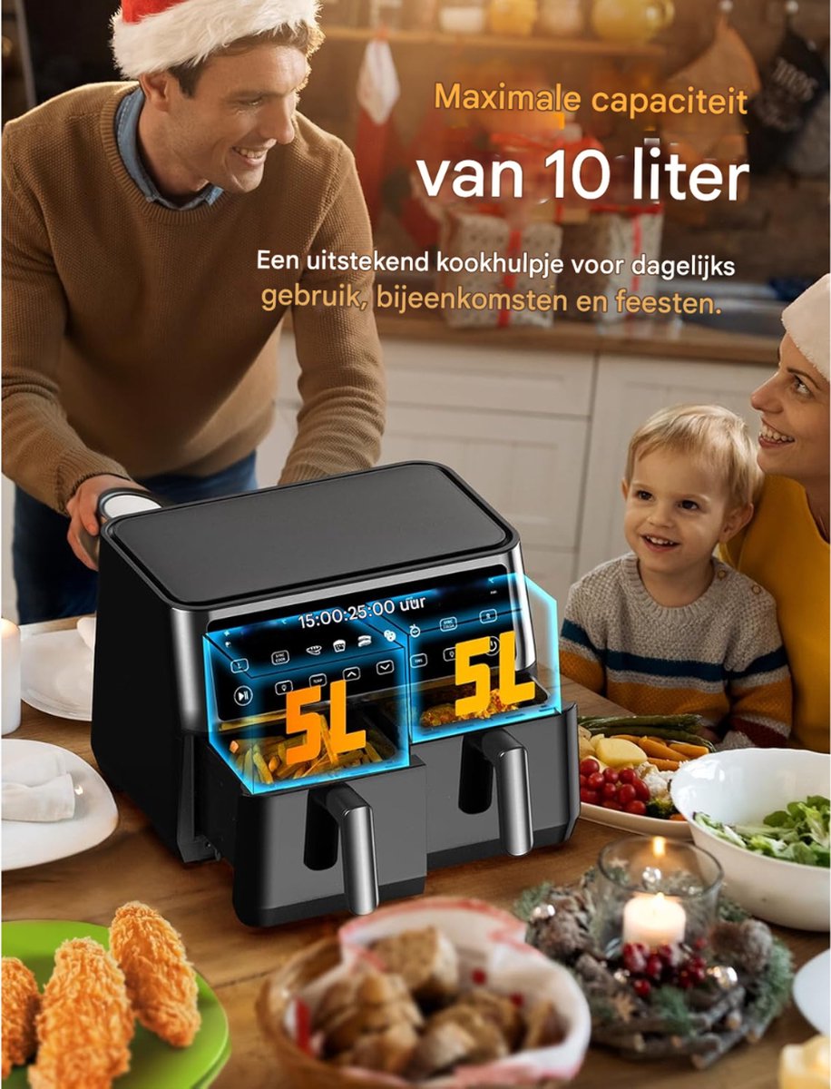 Afbeelding 3 van Dual Zone XXL Heteluchtfriteuse 10L - 2 Kamers met Kijkvenster 10-in-1 Programma's Touchscreen Intelligente Synchronisatie Timer Energiebesparend