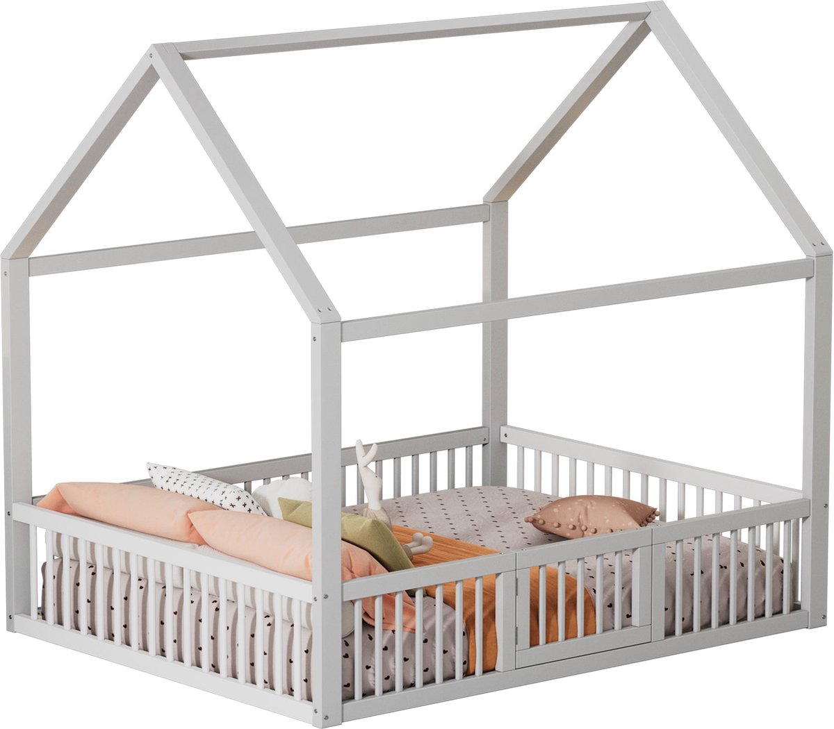 Merax Kinderbed in Huisvorm – Houten Bed 140x200 cm met Gekleurde Details en Veilige Deur - Inclusief Lattenbodem - Wit