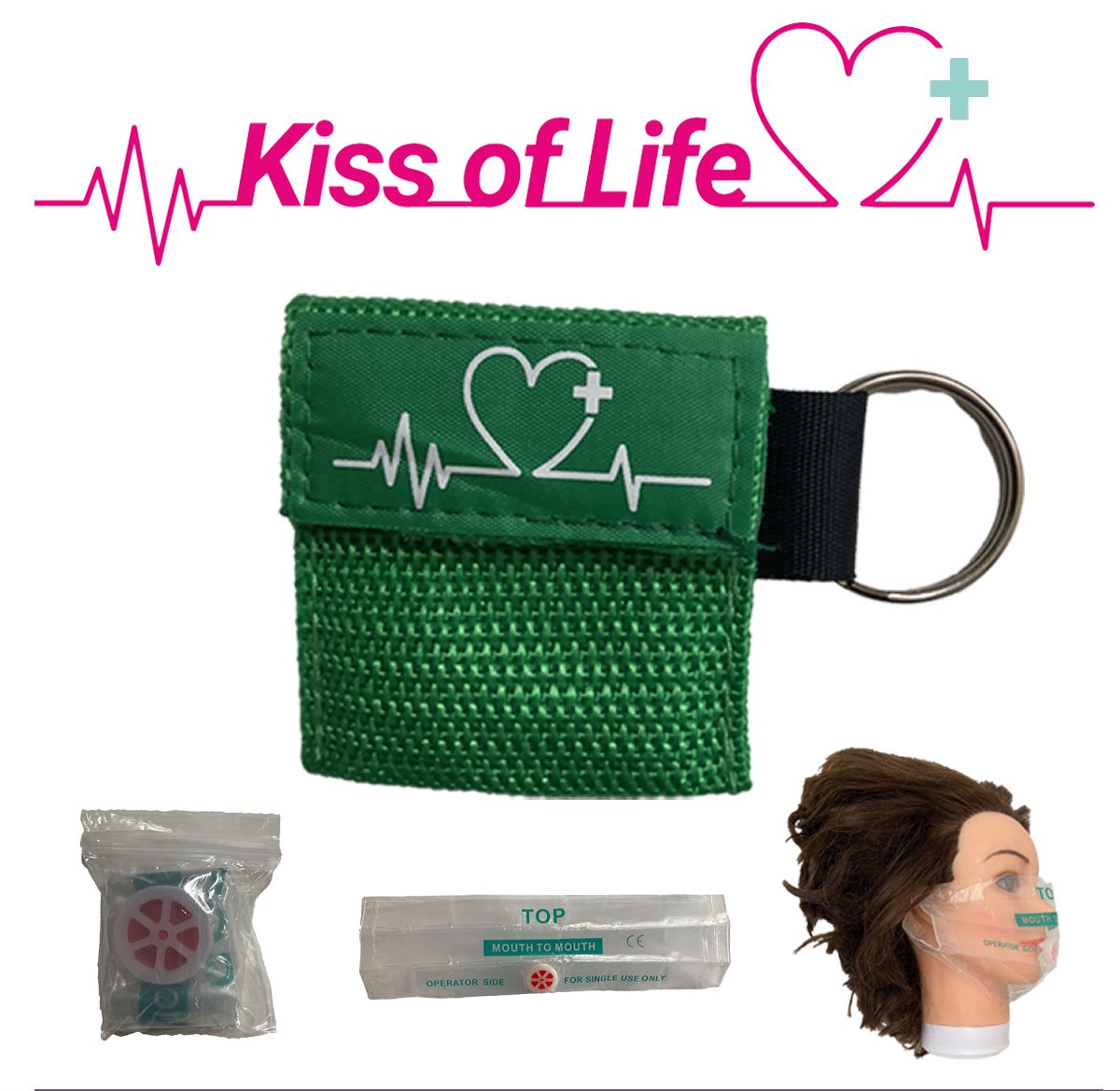 Reanimatiemasker | Kiss of Life | Reanimeren | Beademingshulpmiddel | Sleutelhanger met ring | Groen