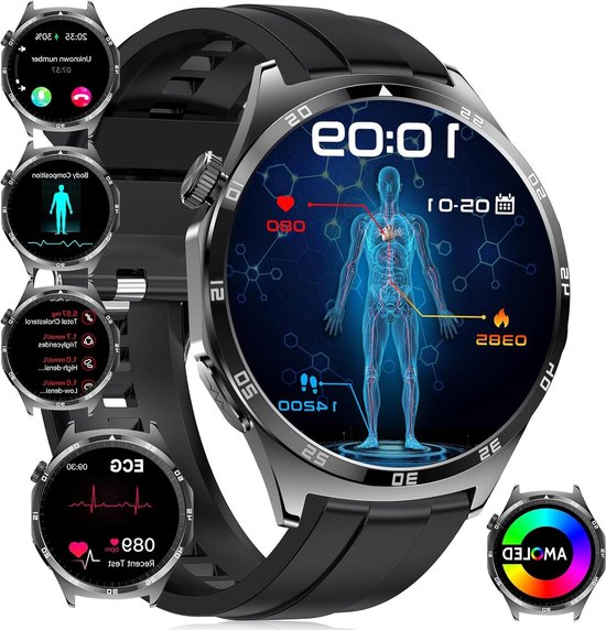 YYKY Smartwatch voor dames en heren, 1,32 inch AMOLED smartwatch voor