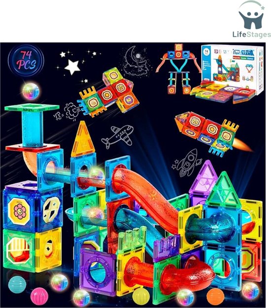 LifeStages - Knikkerbaan Magnetisch - 74st Magnetische Buis Bouwspeelgoed - Educatieve Bouwstenen - Knikkerbaan Magnetisch 7
