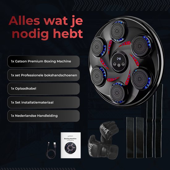 Zwarte boksmachine met zes verlichte pads en rode accenten, samen met bokshandschoenen, oplaadkabel, installatiemateriaal en een handleiding.