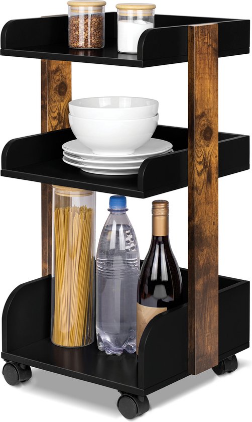 Bomoe Bosse – Desserte de Cuisine en Bois FSC® sur 4 Roues Verrouillables & 3 Niveaux – Chariot de Service 32x35x69cm Zwart & Marron pour Salle de Bain Bureau