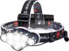 Een LED-hoofdlamp met een hoofdband waarop 'HEADLIGHT' staat, 7 verlichte LED's en een batterijpakket.