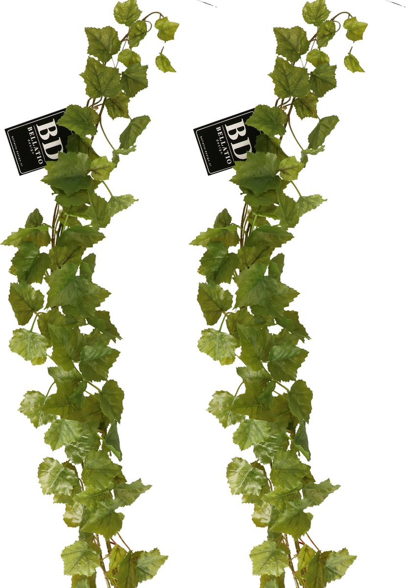 Bellatio Design kunstplant/hangplant slinger - 2x - Druivenblad/Vitaceae - groen - 180 cm lang - planten guirlandes Multi