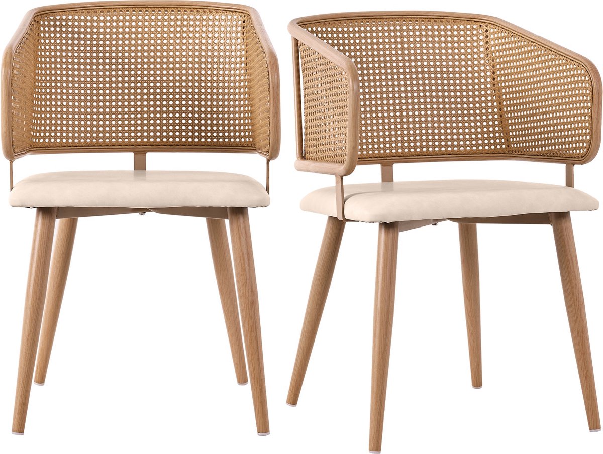 Merax Set van 2 Eetkamerstoelen met Rattan Rugleuning en Kunstleer Zitkussen – Comfortabel en Ademend – Modern Design Beige