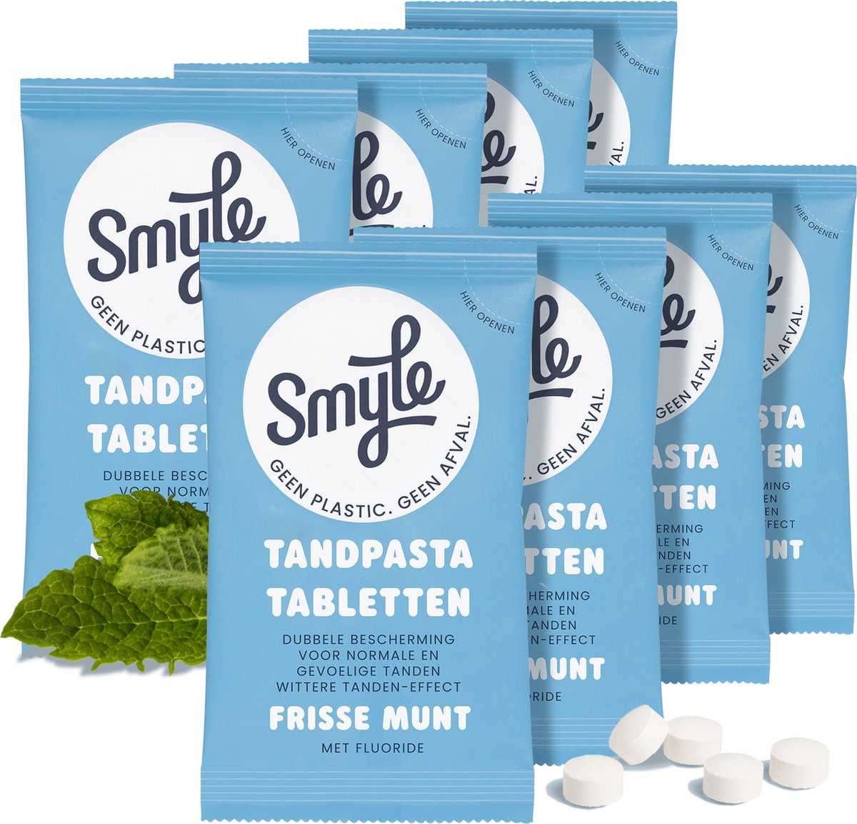 Smyle Tandpasta Tabletten met Fluoride - 500 Tandpasta Tabs Navulling - Whitening Effect - Geschikt voor Gevoelige Tanden - 2 Maanden Voorraad - 100% Natuurlijk & Plasticvrij - Zero Waste