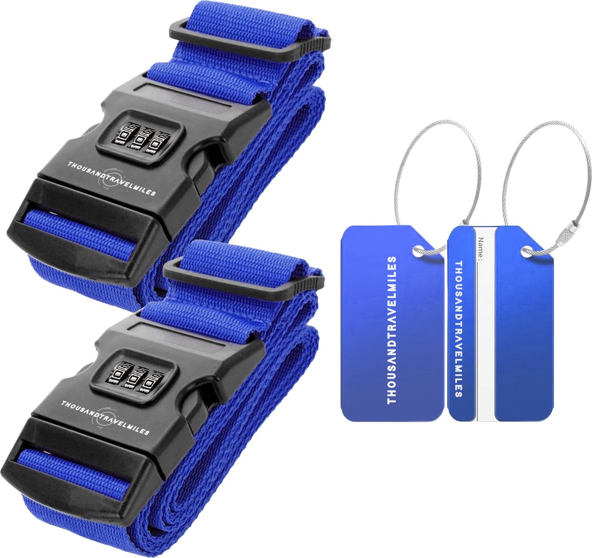 Bol.com Kofferset 4 delig – Kofferriem met cijferslot – Aluminium bagagelabels – Bagageriem – Kofferlabels – Blauw – Thousandtra... aanbieding