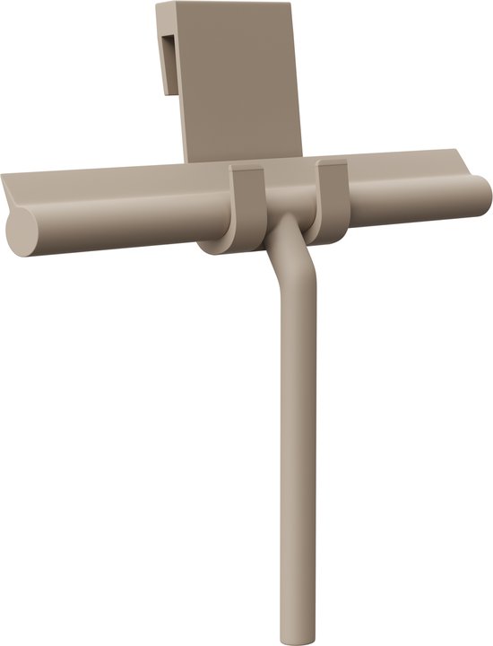 Beige douchetrekker met ophangsysteem, geïsoleerd op zwarte achtergrond.