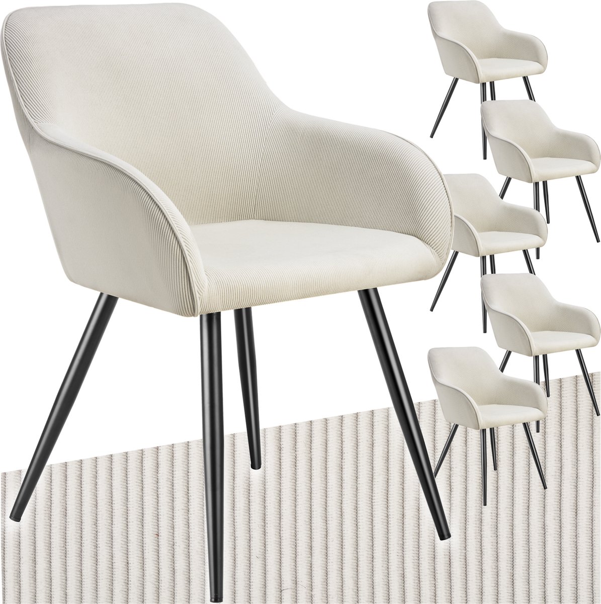 Tectake Eetkamerstoelen Marilyn - Set van 4 - Gestoffeerde Stoelen met Koordlook/ribstof - Zwarte Stoelpoten - Ergonomische Keukenstoel - Stoel voor Eetkamer, Woonkamer, Slaapkamer - Creme crème zwart