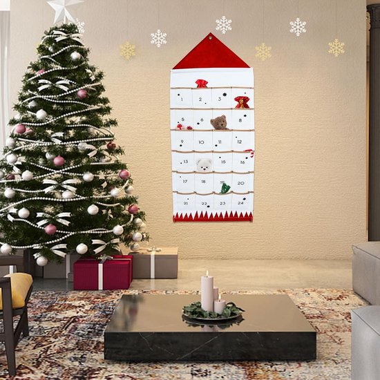 Calendrier De L'Avent En Tissu à Remplir - 24 Poches - 120 X 50 Cm - Réutilisable - Rouge