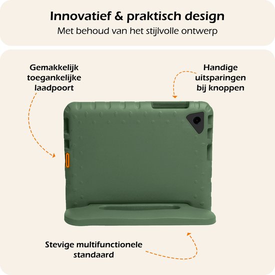 Donkergroen tablet hoesje met makkelijke toegang tot laadpoort, handige knoppenuitsparingen en stevige standaard.