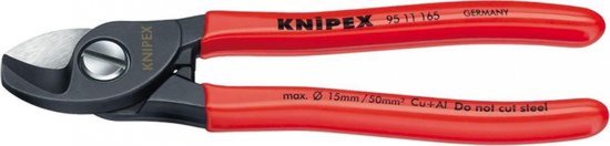 Grijze kniptang met rode handvatten, met tekst 'KNIPEX 95 11 165 GERMANY' en 'max. Ø 15mm/50mm² Cu+Al Do not cut steel'.