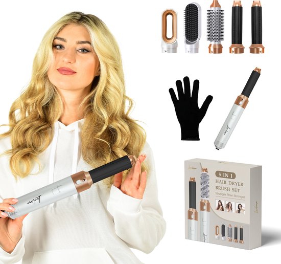 Livaliora® 5-in-1 Föhnborstel - Hairwrap - Airstyler - Multistyler - Krultang - Krulborstel - Fohnborstel roterend - Haardroger met Borstel - Hairstyler - Stijlborstel - White/Gold edition - Inclusief Luxe Opbergdoos