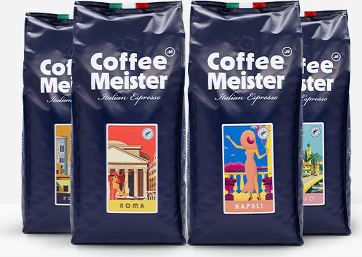 Goedkoopste CoffeeMeister | Proefpakket Italian Espresso koffiebonen | 4 x 1000g