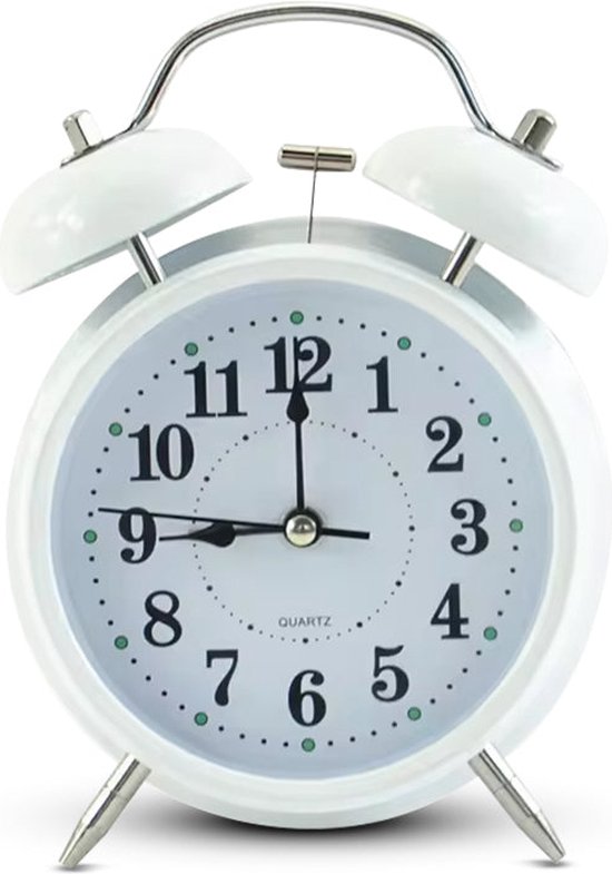 Witte wekker met dubbele bel en witte wijzerplaat. De tijd is 09:09.
