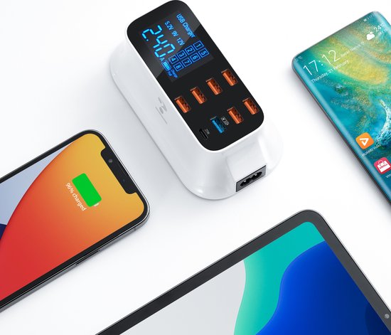 Wit 8-poorts USB oplaadstation met display, laadt een iPhone, smartphone en tablet op.