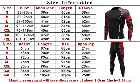 Tableau des tailles et images d'un haut de sport noir et d'un legging avec un imprimé graphique rouge.