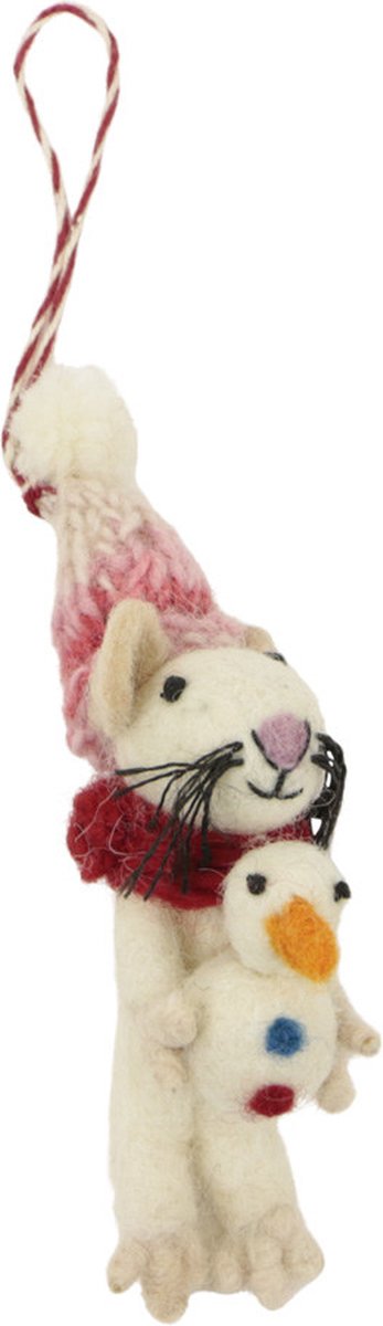 Ornament vilt kerst muis houdt sneeuwpop vast