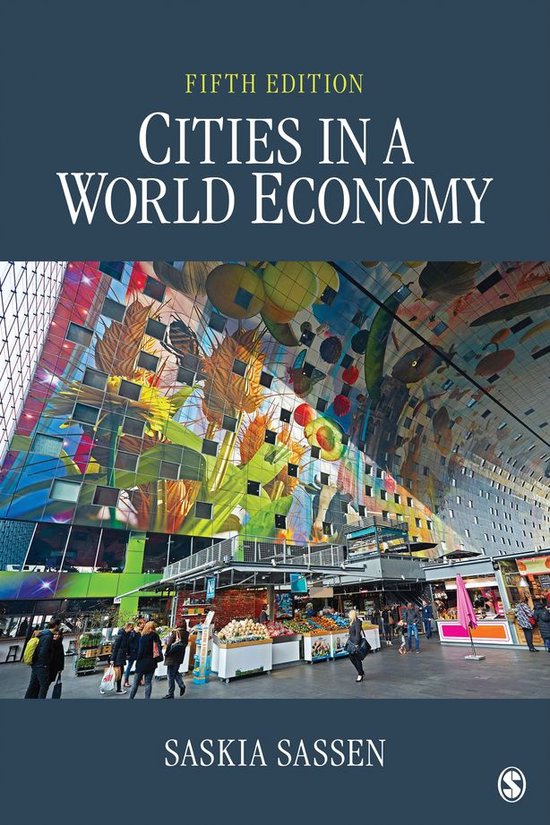 Livre 'Cities in a World Economy', cinquième édition, avec une image colorée d'un marché couvert orné d'une grande œuvre d'art au plafond.