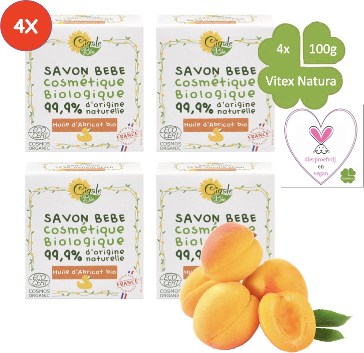 Goedkoopste Baby zeep met abrikozen olie | 4x100g | Biologisch Hypoallergeen | Voor de gevoelige huid | Verlichtend voor eczeem | Cigale bio