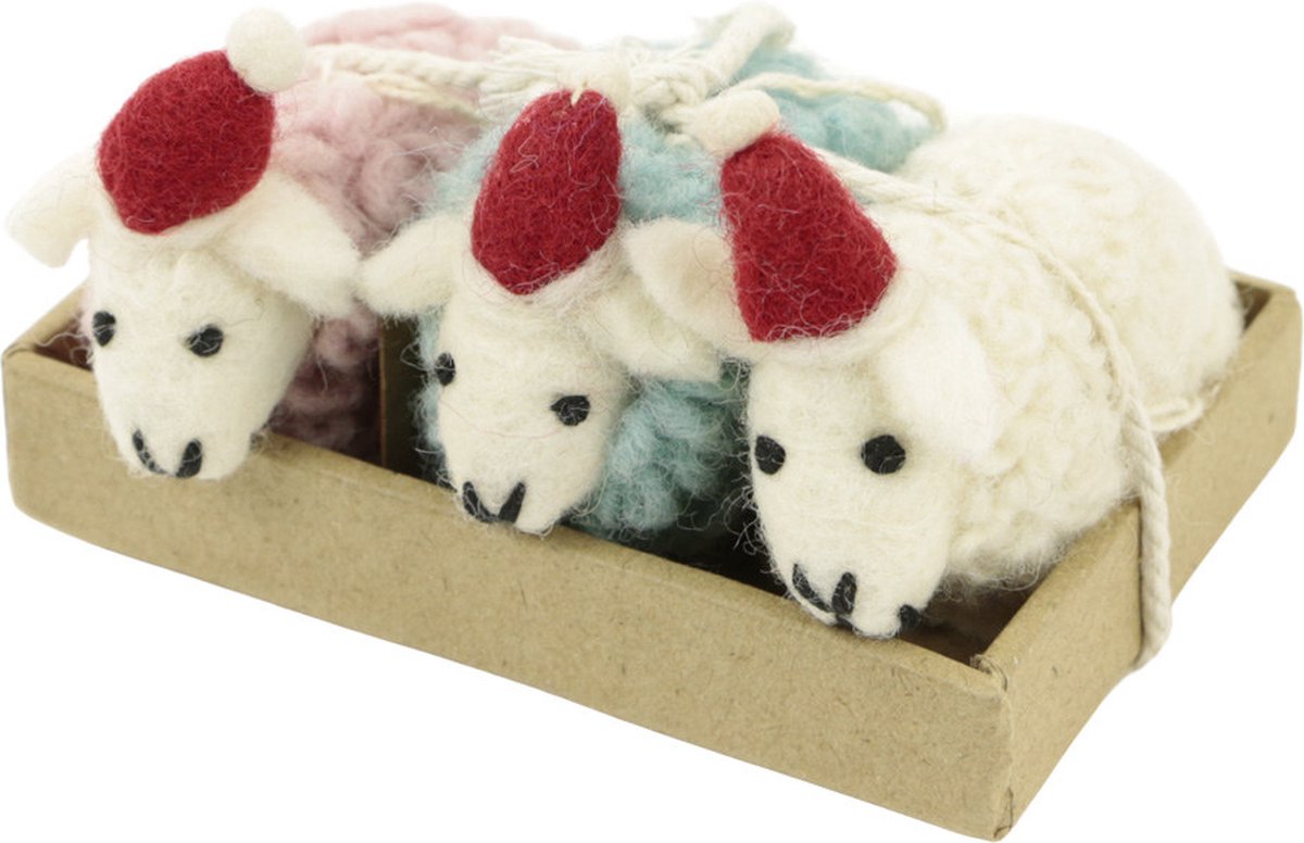 Ornament vilt kerst schaap kerstmuts set3