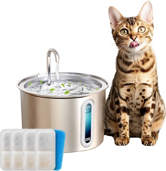 Oneisall Drinkfontein Kat en Hond - PWF-001 - 2 liter drinkfonteinen - Waterbak - Kattenfontein met stille waterpomp - Roestvrij Staal - Inclusief 3 filters - Grijs