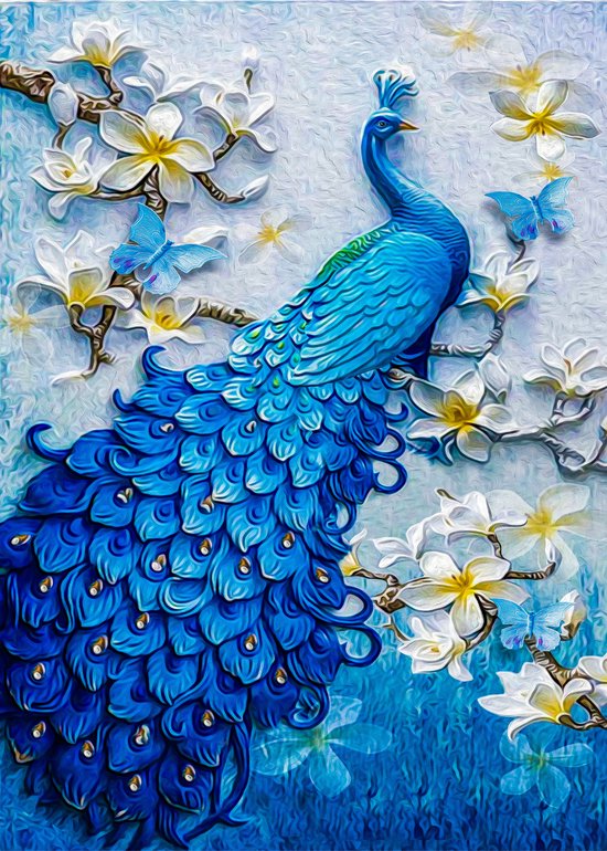 5D Diamond Painting Vierkante steentjes - Painting maat 50x70cm - Volledige bedekking - Complete set - Dieren - Pauw magnolia