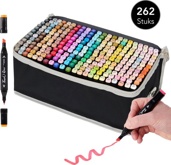 Twinmarkers 262 Stuks – Professionele Alcohol Markers – Dubbelzijdige Tip – Stiften – Opbergtas Met Houder