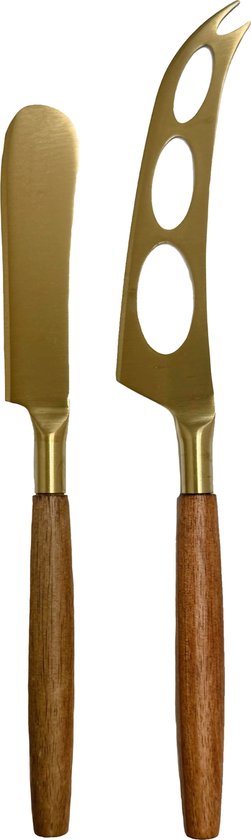 Gouden kaasmessen met houten handvatten, één met gespleten punt en perforaties, de ander met een platte botte punt.