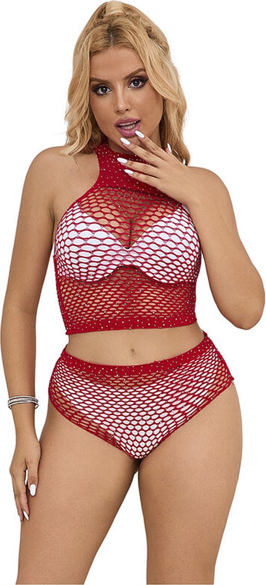 SUBBLIME - 952402 BODYSTOCKING VISNET SET MET ROZE DIAMANTEN ONE SIZE | LINGERIE | LINGERIESET | SEXY LINGERIE | EROTISCHE LINGERIESET