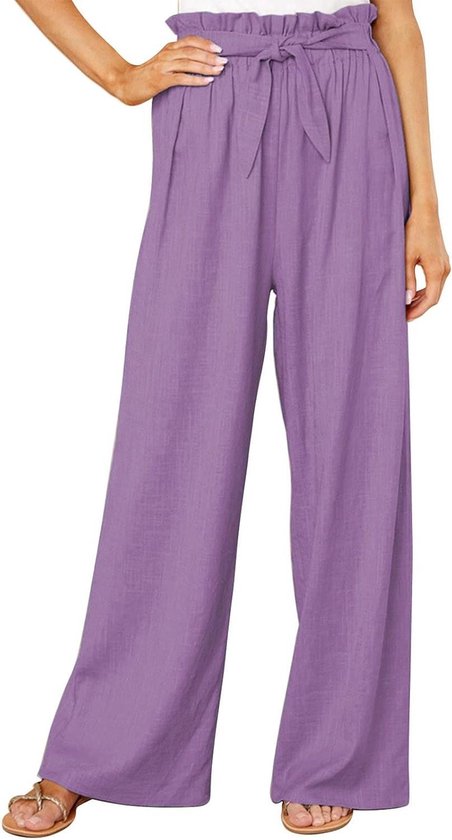 Wijde Pijpen Elegante Vrouwen Broek - Lange Loungebroek met Riem - Paarse Palazzo Broek - Losse Fit - Maat L