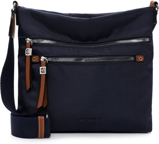 Donkerblauwe Emily & Noah schoudertas met bruine leren details en zilverkleurige ritsen.