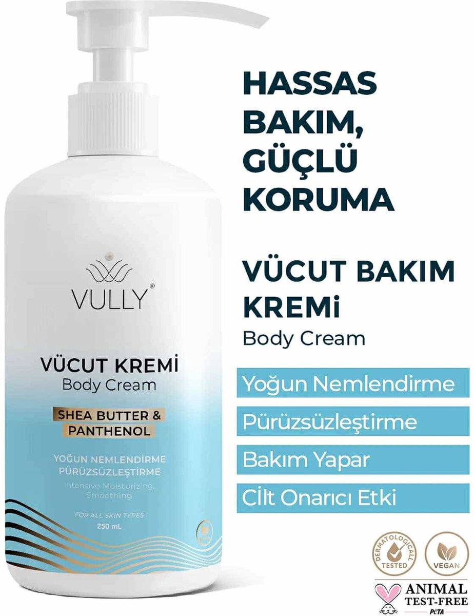 Goedkoopste VULLY Body Cream - Shea Butter & Panthenol - Intensive Moisturizing Smoothing - Intensieve vochtinbrengende Gladmakende hand- gezichts- en lichaamscrème voor de droge en gevoelige huid 250 ml