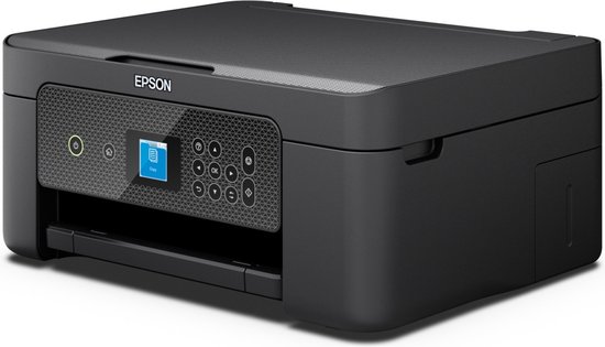 Zwarte Epson alles-in-één printer, gezien vanaf de zijkant, met bedieningspaneel en papieruitvoer.