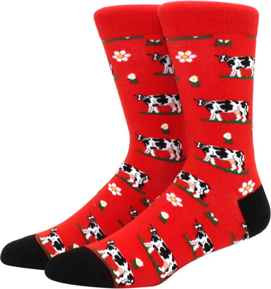 Sokken Heren - rood - zwart - leuke print koe - maat 40 - 46 - cadeau voor hem - Kerst cadeau - verjaardagscadeau - vaderdag cadeau - geschenk man