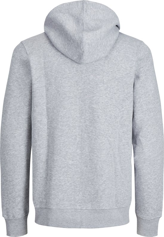 Achterkant van een grijze hoodie met capuchon.