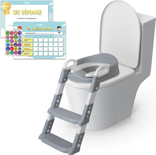 WC Verkleiner met Trapje - wc bril verkleiner kinderen - Toiletverkleiner Opvouwbaar potje peuter - toilettrainer - 2 tot 7 jaar - Grijs (Zindelijkheidsdiploma en stickers)