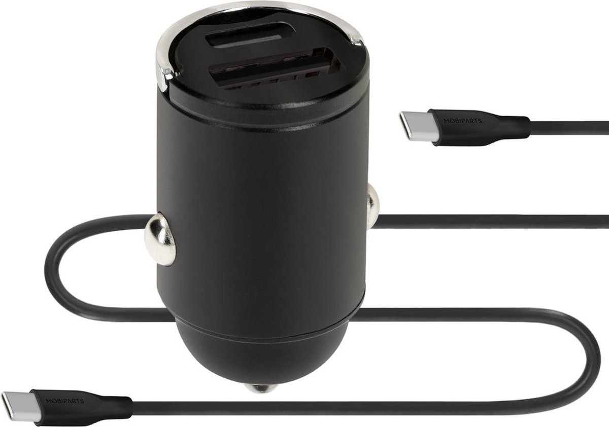 Mobiparts Car Charger 30W Dual USB-C/USB-A with USB-C/USB-C Kabel - Zwart