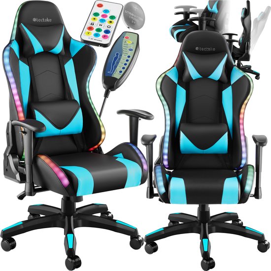 tectake® Gamingstoel met massagefunctie - Bureaustoel met LED-lichteffecten - Draaistoel voor gamers - Gamestoel - Draagvermogen tot 120kg - Zwart/azuur