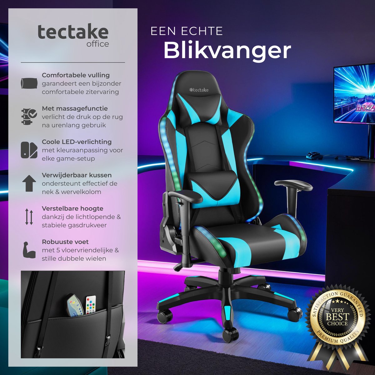 tectake® Gamingstoel met Massagefunctie en LED-lichteffecten - afbeelding 3
