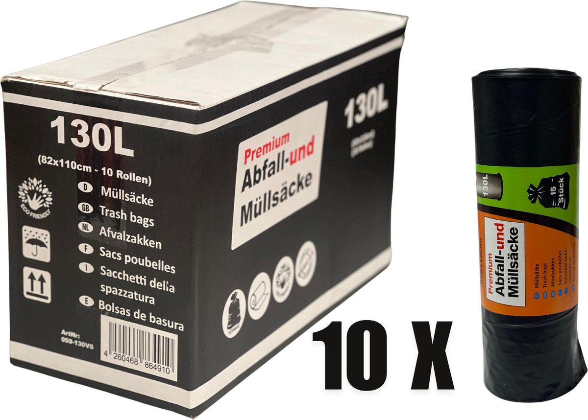 Goedkoopste Afvalzak / Vuilniszak XL Strong - 130L 82x110cm - 15st x 10 Rollen (150stuks