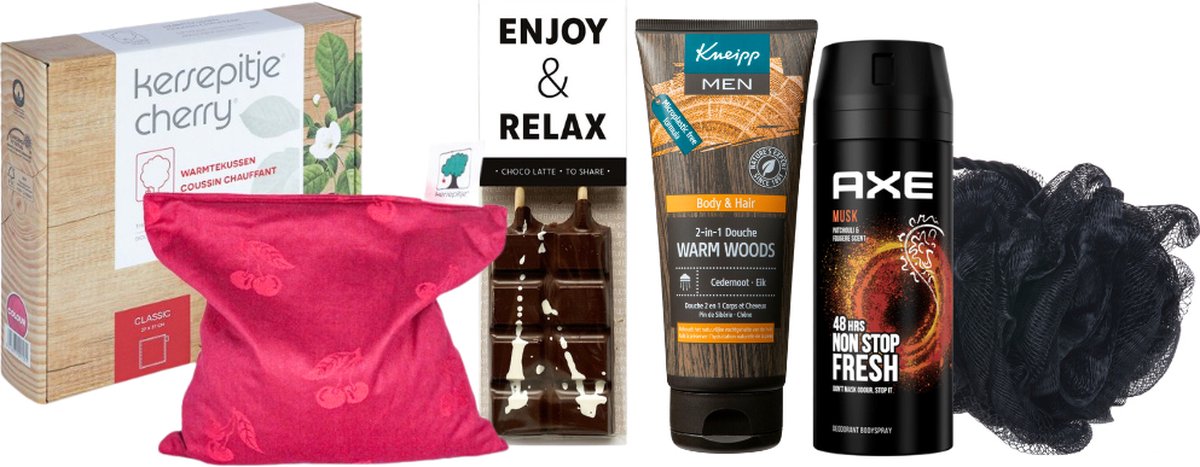 Goedkoopste Kneipp Cadeauset Warme Kerst Chocolade & Warmtekussen Men Warm Woods - Kersepittje Warmtekussen Classic 27x27cm - Kneipp Douche 200 ml FM 2in1 Warm Woods - Axe Deo Spray 150 ml Musk