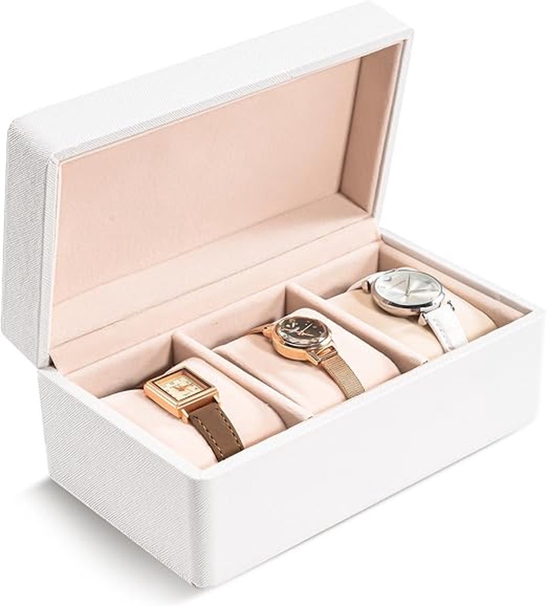 Reisetui met 3 vakken voor heren en dames, PU-leer, geschenkdoos met kussen voor Kerstmis, verjaardag, trouwdag, 3 vakken, wit