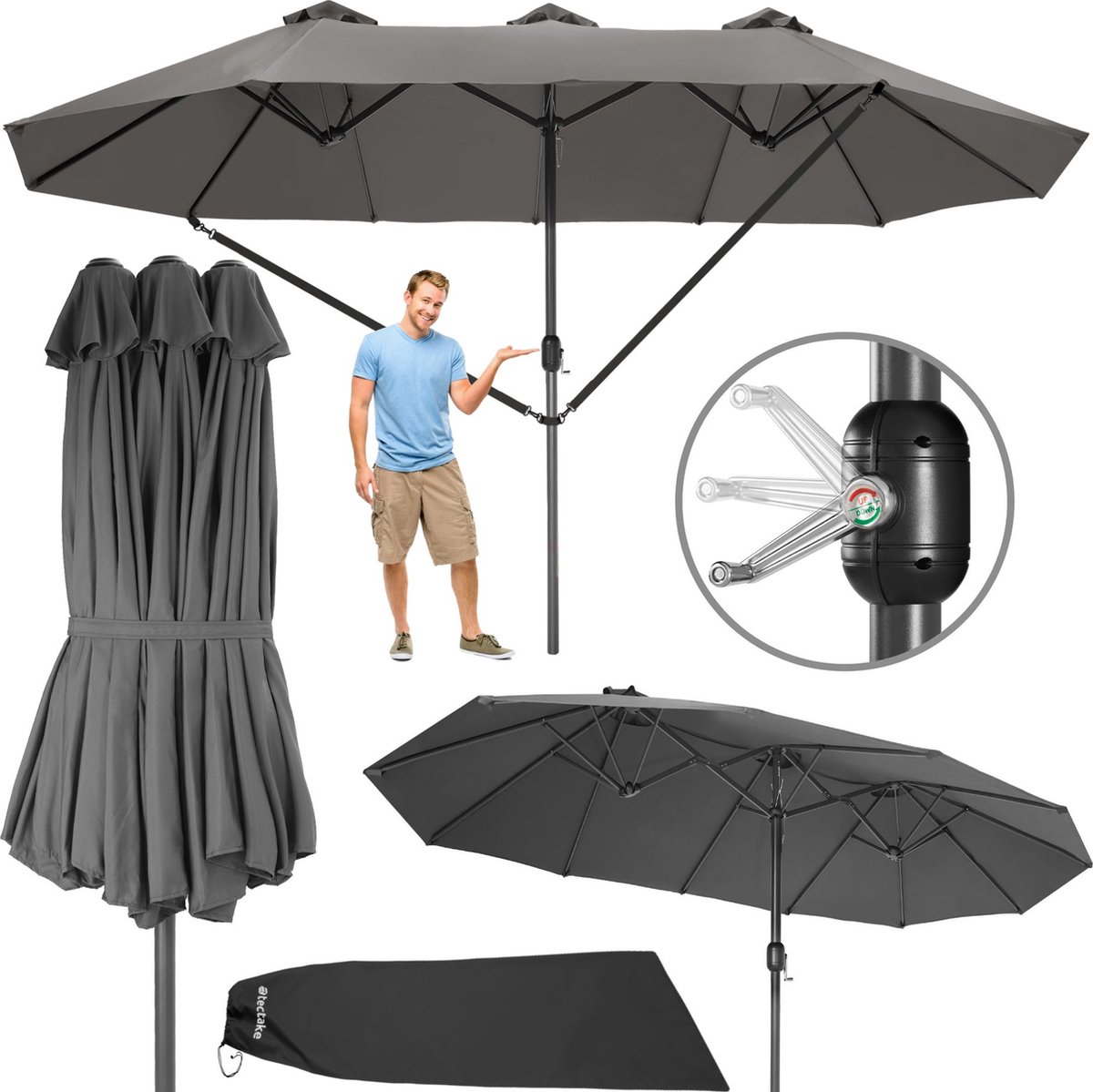 tectake® Dubbele Parasol met Zwengel - 460 x 270 cm - Grote Aluminium Parasol met UV50+ Zonwering - XXL Rechthoekige Tuinparasol - Vrijstaand als Terrasoverkapping of Marktparasol - Grijs
