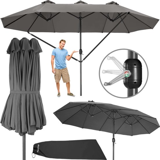 tectake® Dubbele Parasol met Zwengel - 460 x 270 cm - Grote Aluminium Parasol met UV50+ Zonwering - XXL Rechthoekige Tuinparasol - Vrijstaand als Terrasoverkapping of Marktparasol - Grijs