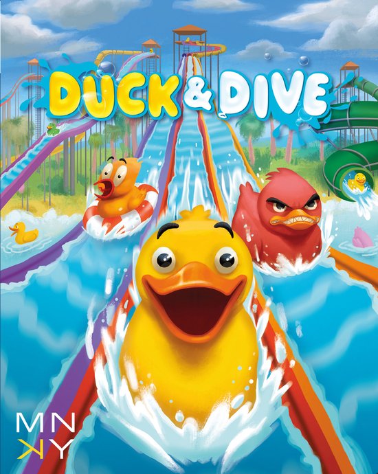 Drie badeendjes racen op een waterglijbaan met de tekst DUCK & DIVE.