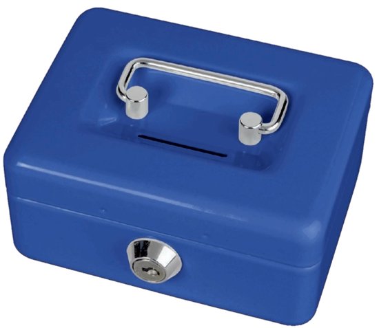 Blauwe geldkist met gleuf, handvat en slot, op witte achtergrond.