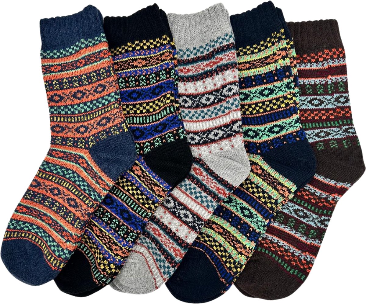 Winkrs - Warme Winter sokken - Set van 5 paar - Vintage Noors design - Maat 37-41 - Huissokken Dames/Heren