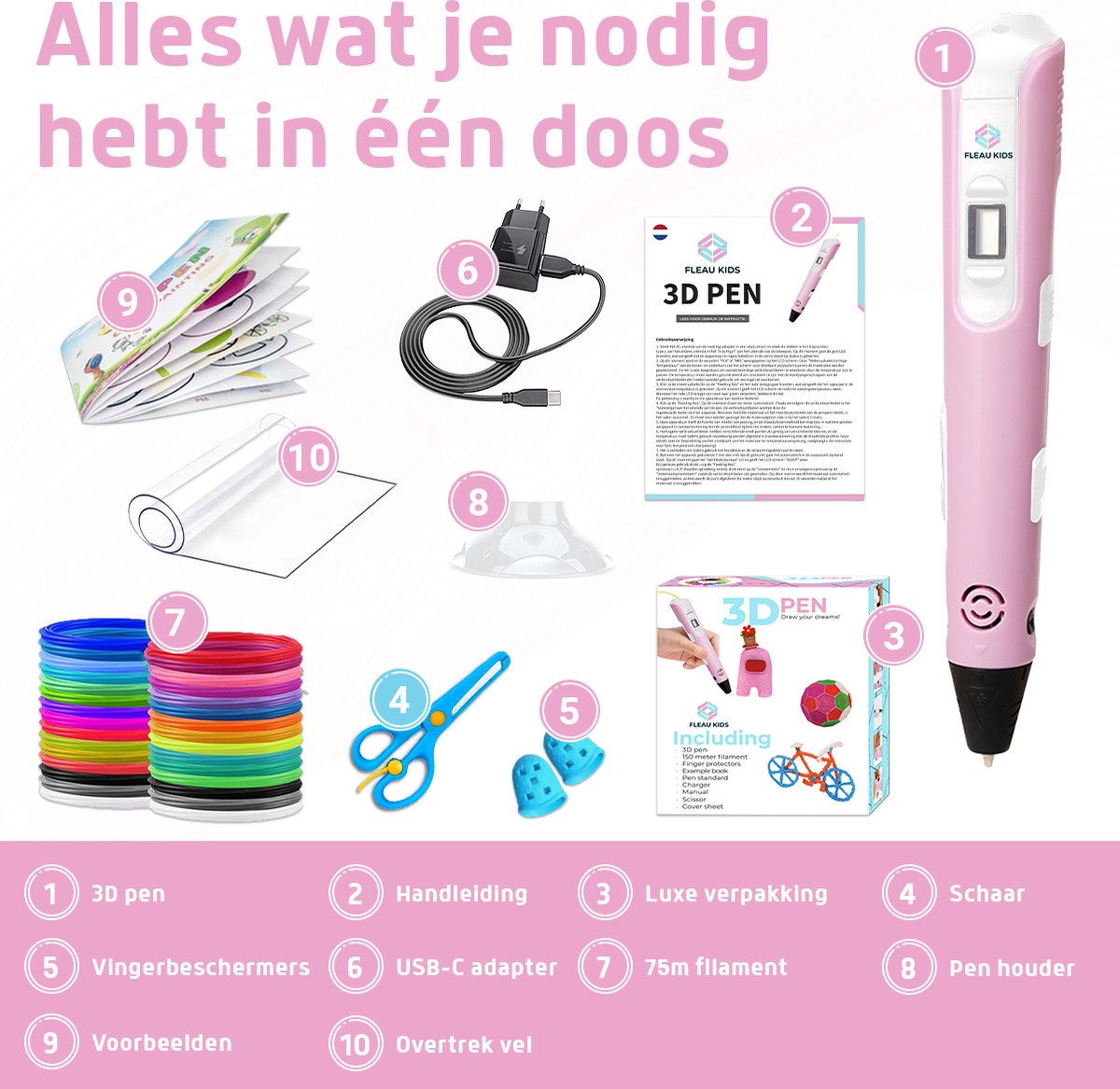 Fleau Kids 3D Pen Starterspakket Roze XL - 75m Filament - 15 Kleuren Vullingen + Vele Extra's - 2025 USB-C Model - Knutselen en Tekenen - 3D Printen - Tekenset — afbeelding 2